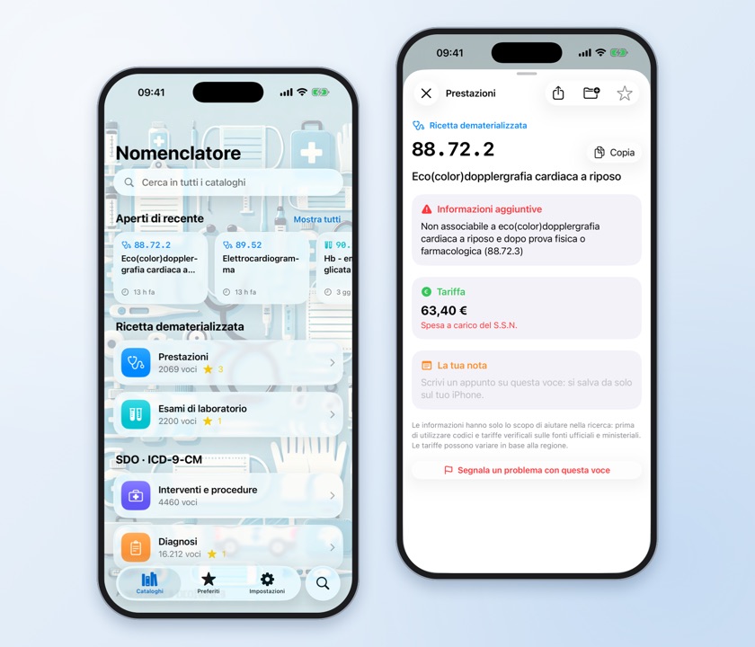 Anteprima dell'app Nomenclatore Sanitario: cataloghi e scheda di una prestazione