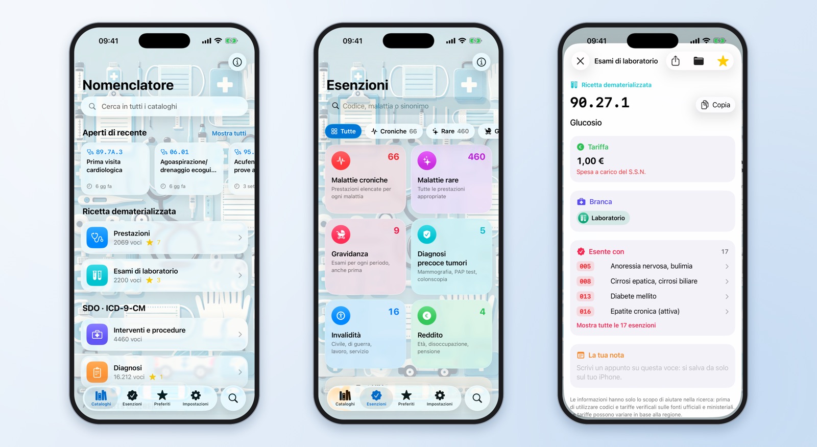 Schermate dell'app Nomenclatore Sanitario 2.4 per iPhone: cataloghi con gli aperti di recente, la sezione Esenzioni con le categorie (malattie croniche e rare, gravidanza, tumori, invalidità, reddito, test HIV), scheda del glucosio con le esenzioni con cui non si paga
