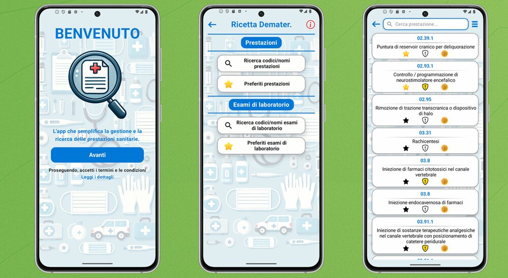 Schermate dell'app Nomenclatore Sanitario per Android: benvenuto, elenco prestazioni e ricerca