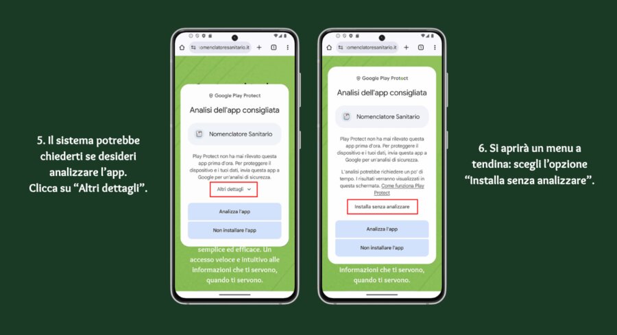 Passi 5 e 6: Google Play Protect, installa senza analizzare